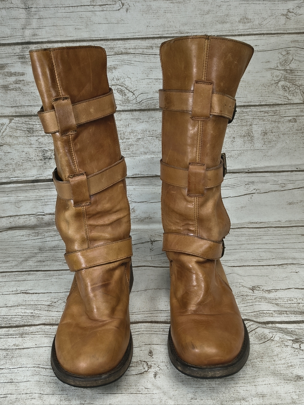 Steve Madden Brown Leather Buckle Moto Boots Size 8.5